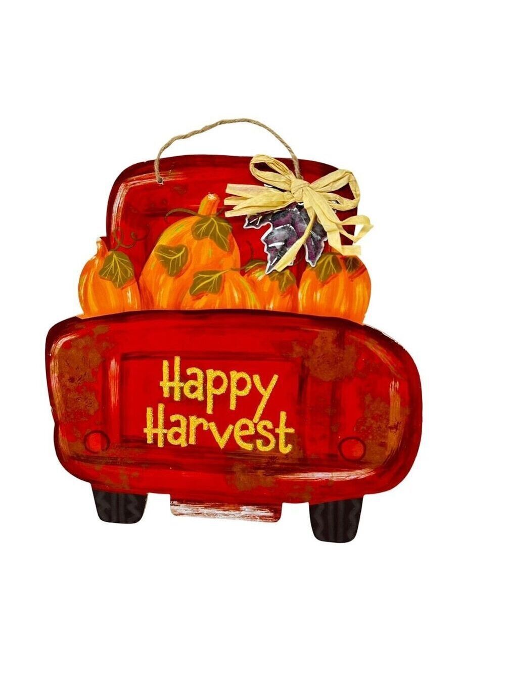 Happy Harvest Red Truck Pumpkin Wall Hanging Fall Autumn Farmhouse Decor Sign